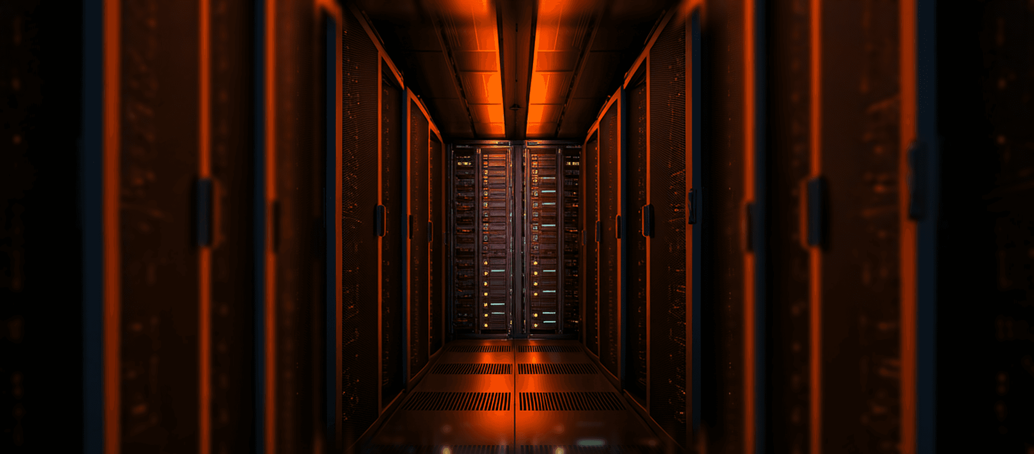 High-tech server room with neon orange lighting
