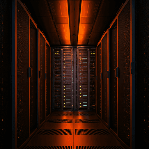 High-tech server room with neon orange lighting
